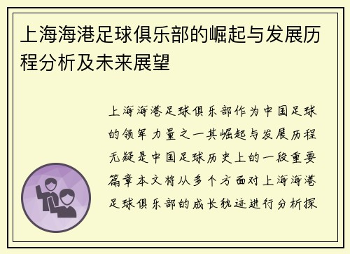 上海海港足球俱乐部的崛起与发展历程分析及未来展望